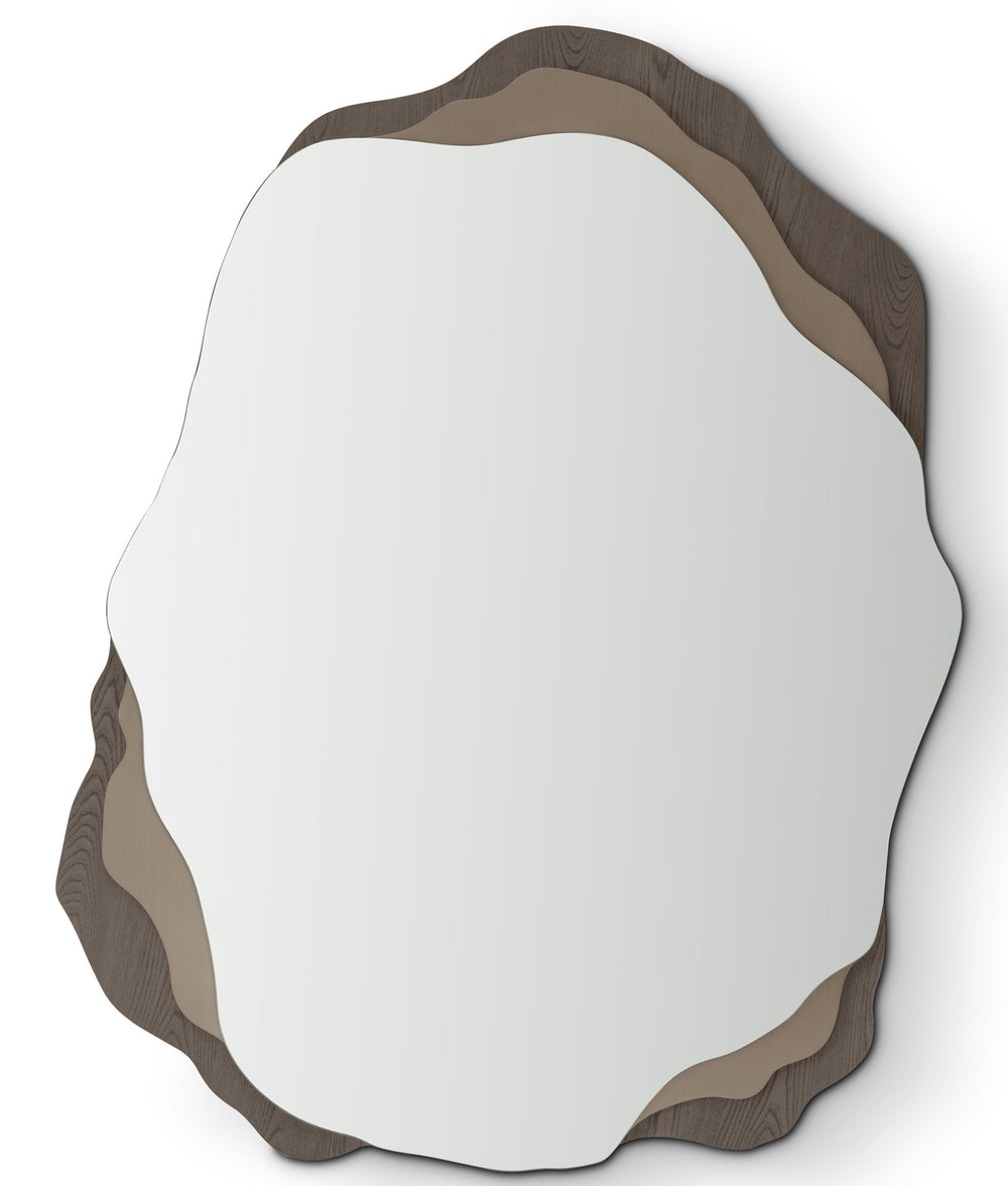 Decorative mirror with a brown wooden frame on a white background