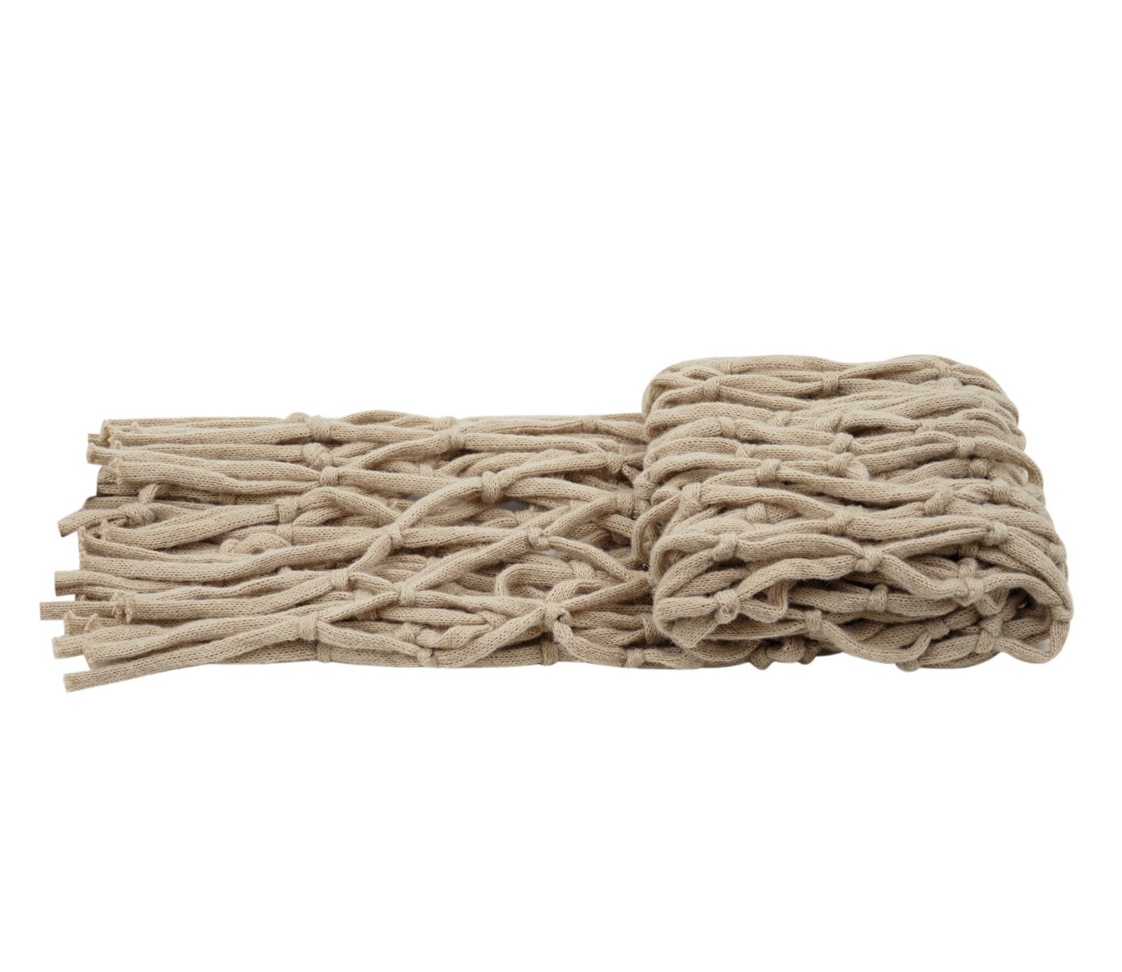A beige knotted fringe fabric accessory, folded and displayed on a white background