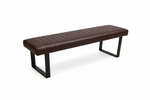 Brown bench with black metal legs on a white background