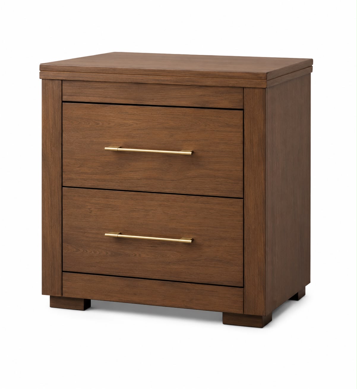 A two-drawer nightstand in medium brown wood with slim gold metal handles, shown on a plain white background.