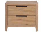 Wooden nightstand with two drawers on a white background