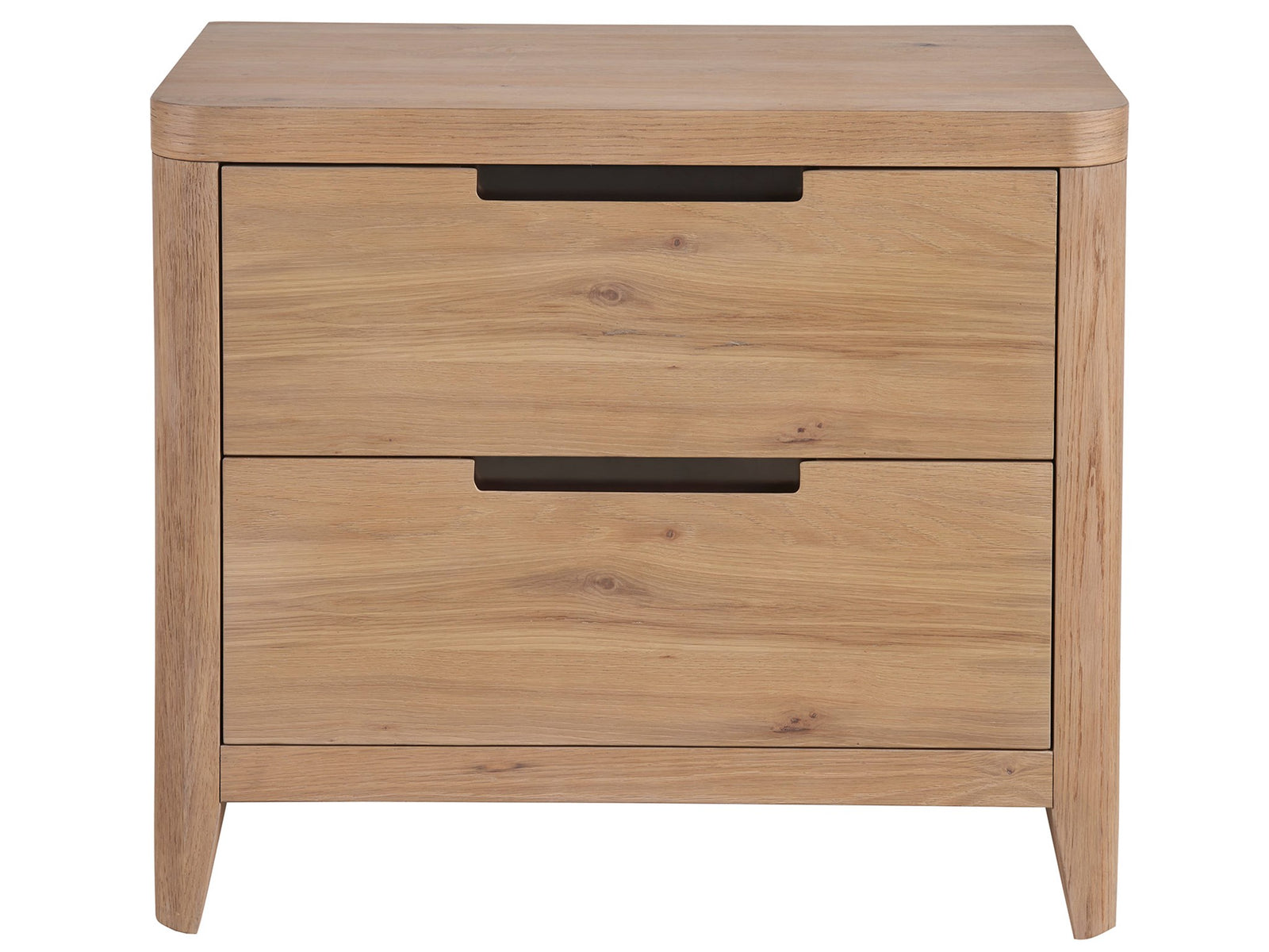 Wooden nightstand with two drawers on a white background