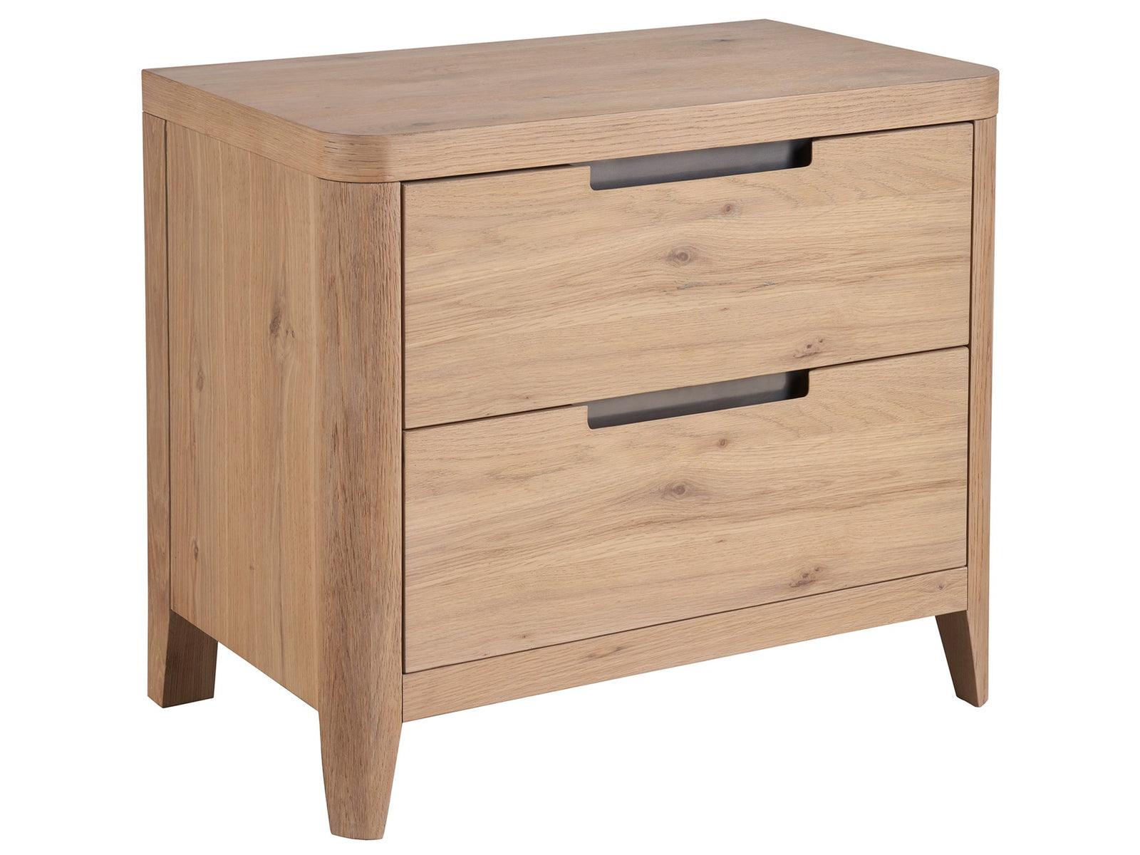 Wooden nightstand with two drawers on a white background