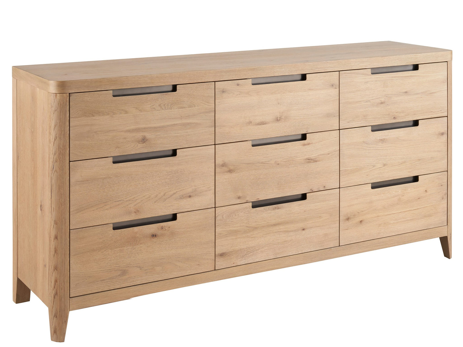 Wooden dresser with multiple drawers on a white background