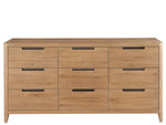 Wooden dresser with multiple drawers on a white background