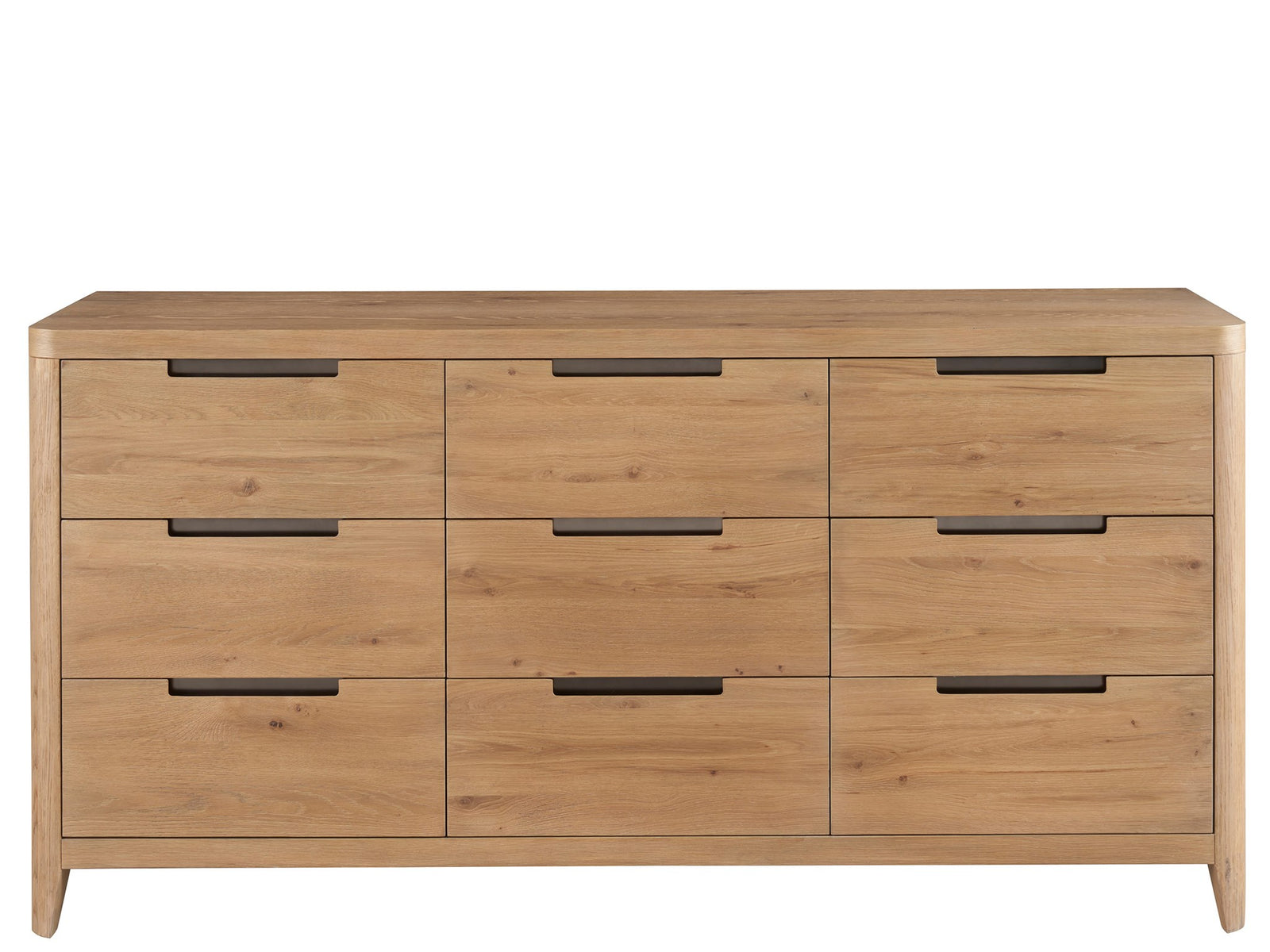 Wooden dresser with multiple drawers on a white background