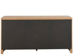 Wooden sideboard with black panel on a white background