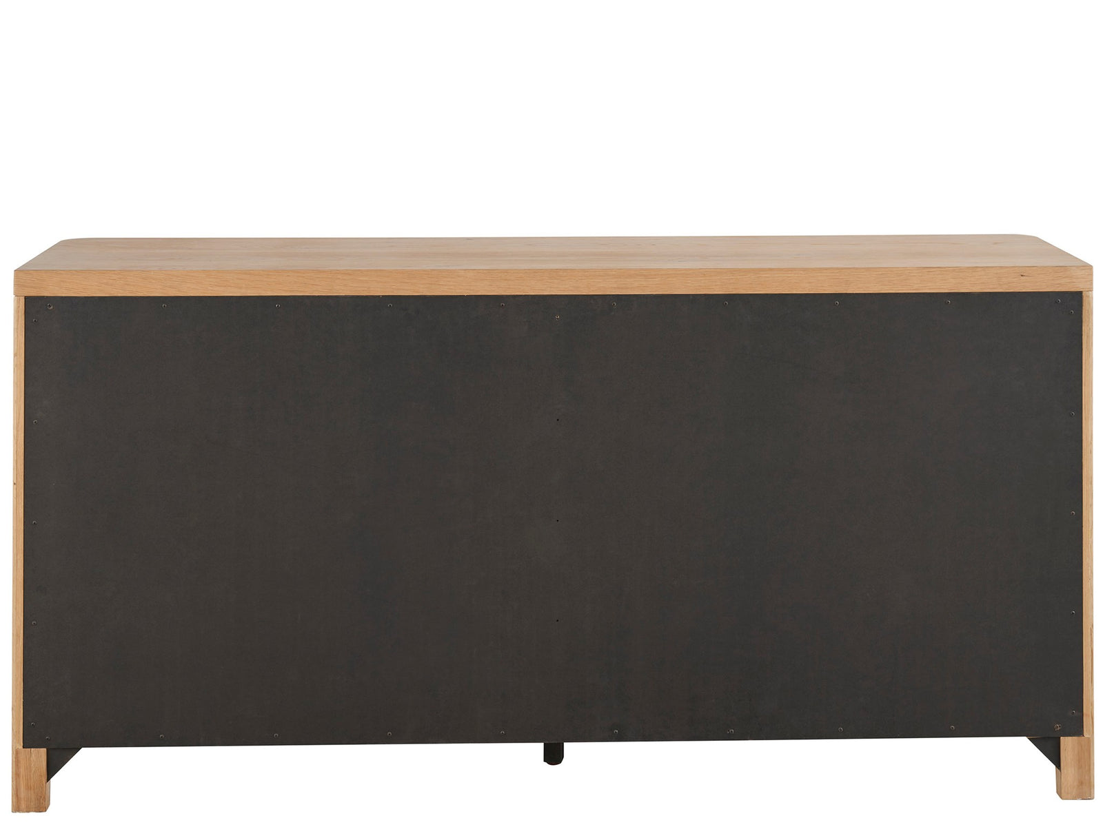 Wooden sideboard with black panel on a white background