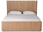 Wooden bed with white bedding on a white background