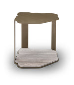 Two-toned side table with a wooden top and marble-like bottom on a white background