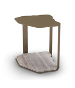Hexagonal side table with a brown top and marble-patterned base on a white background