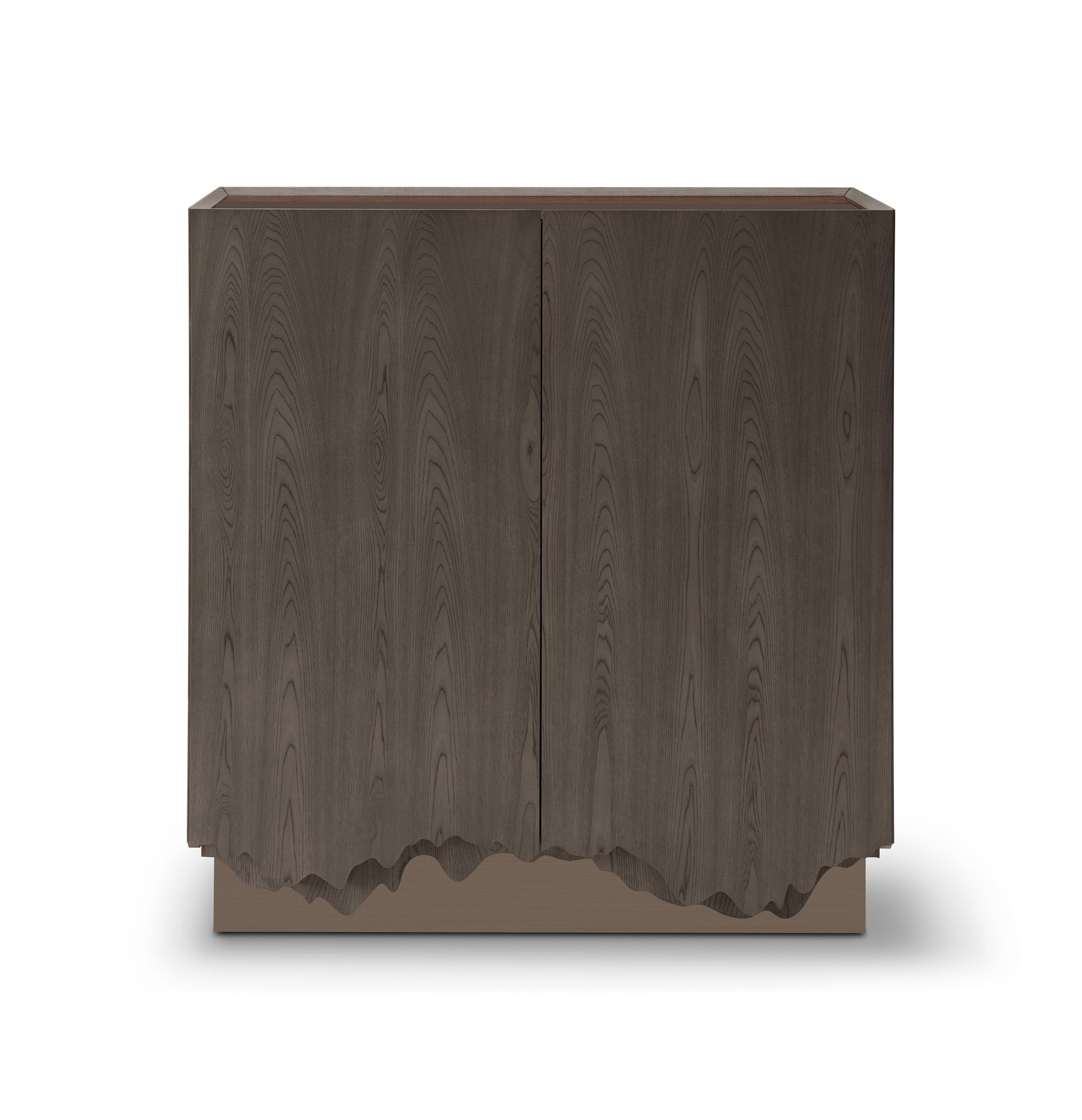 Wooden cabinet with a scalloped edge on a white background