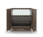 Wooden cabinet with open doors on a white background