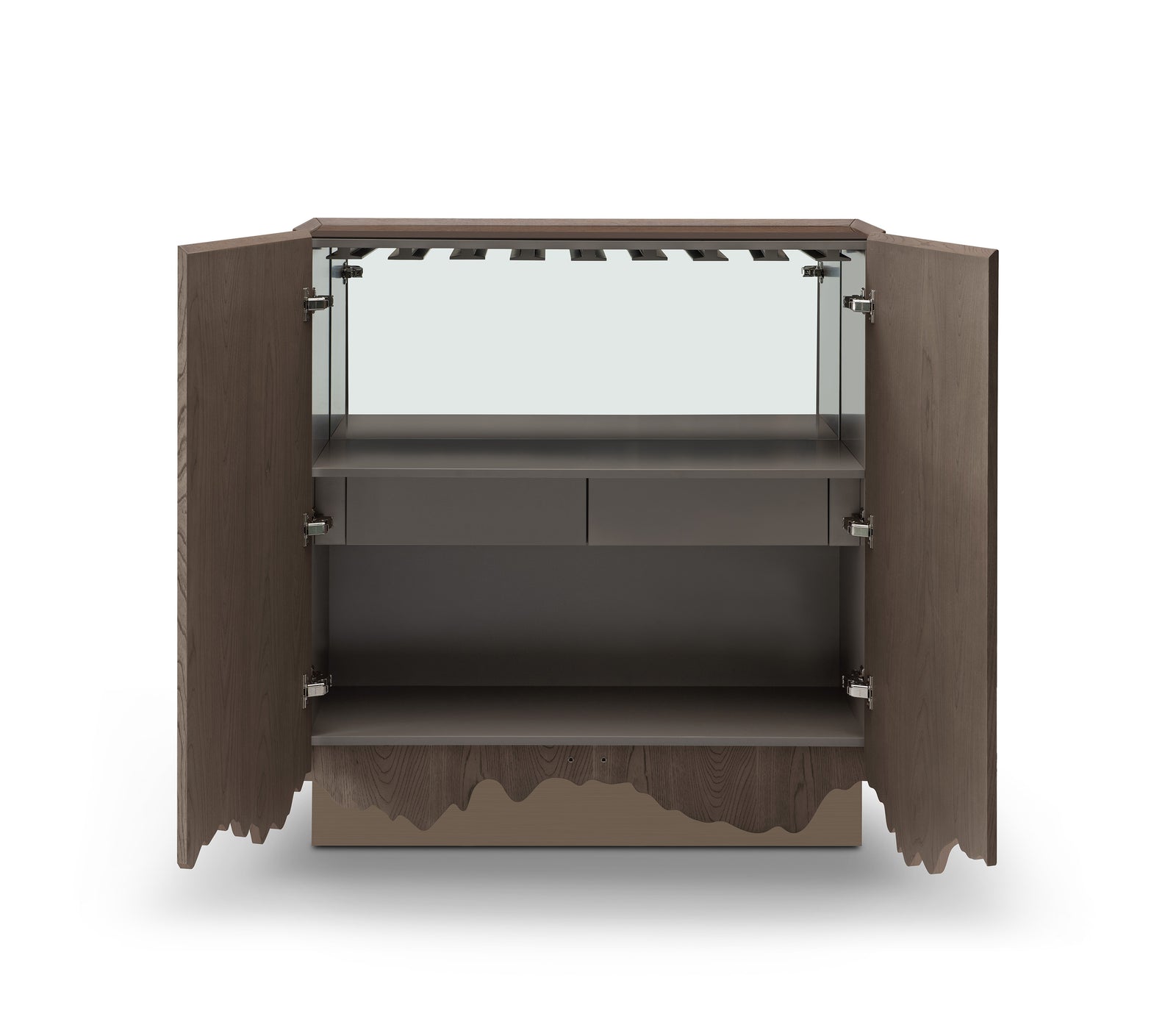 Wooden cabinet with open doors on a white background