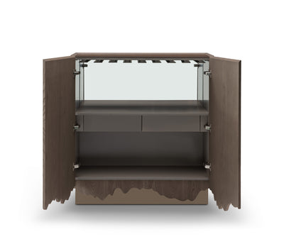 Wooden cabinet with open doors on a white background