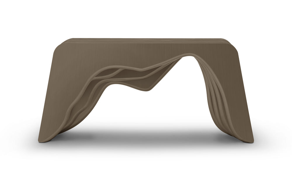 Modern brown bench with wavy design on a white background
