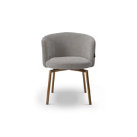 Gray upholstered chair with wooden legs on a white background