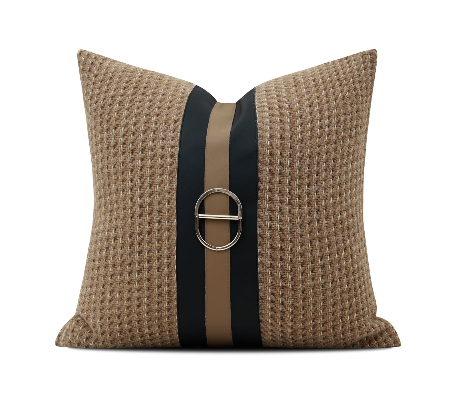 A square decorative throw pillow with a textured beige and brown waffle-weave pattern, featuring a central vertical stripe in black and brown with a metallic silver buckle detail, shown on a white background.