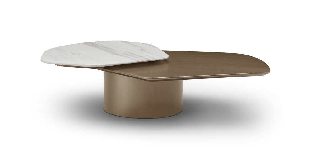 Modern coffee table with a white top and brown base on a white background