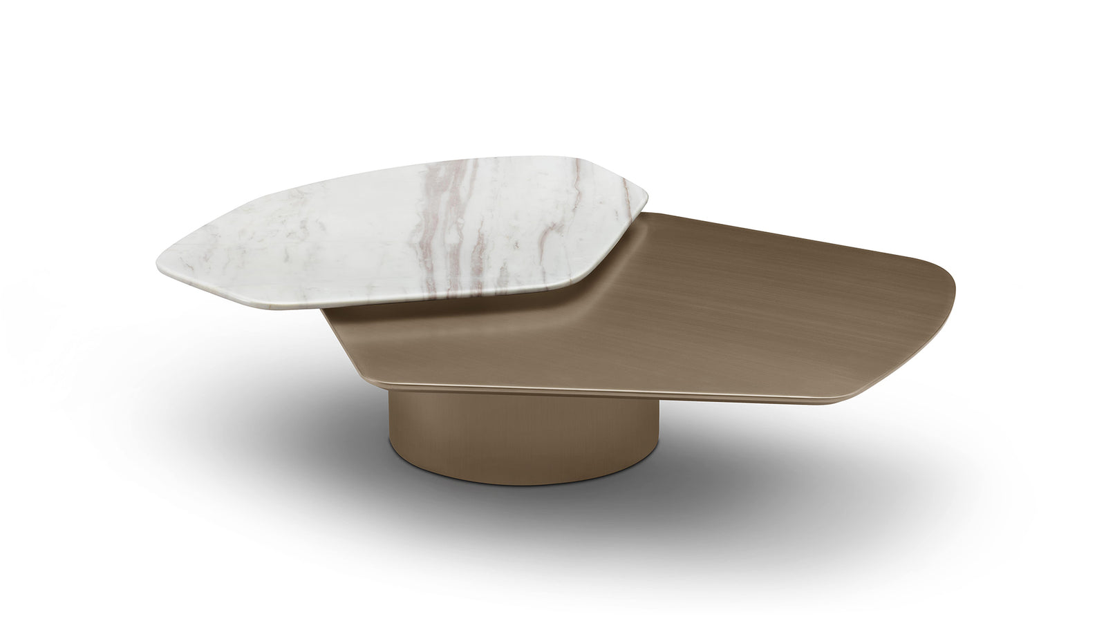 Modern coffee table with marble top and bronze base on a white background