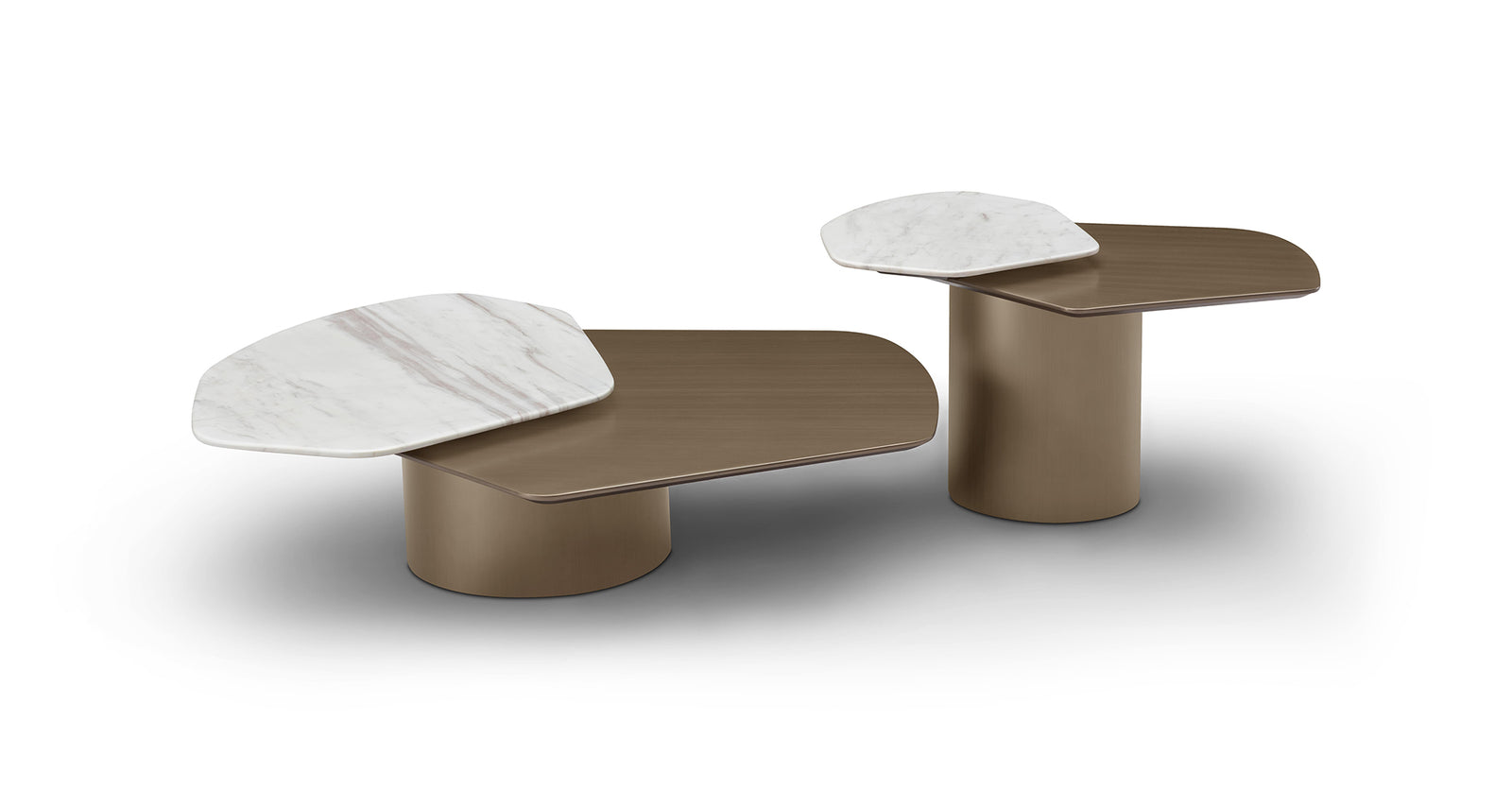 Modern coffee table with marble top and bronze base on a white background