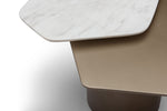 Close-up of a modern side table with a marble top and wooden base.