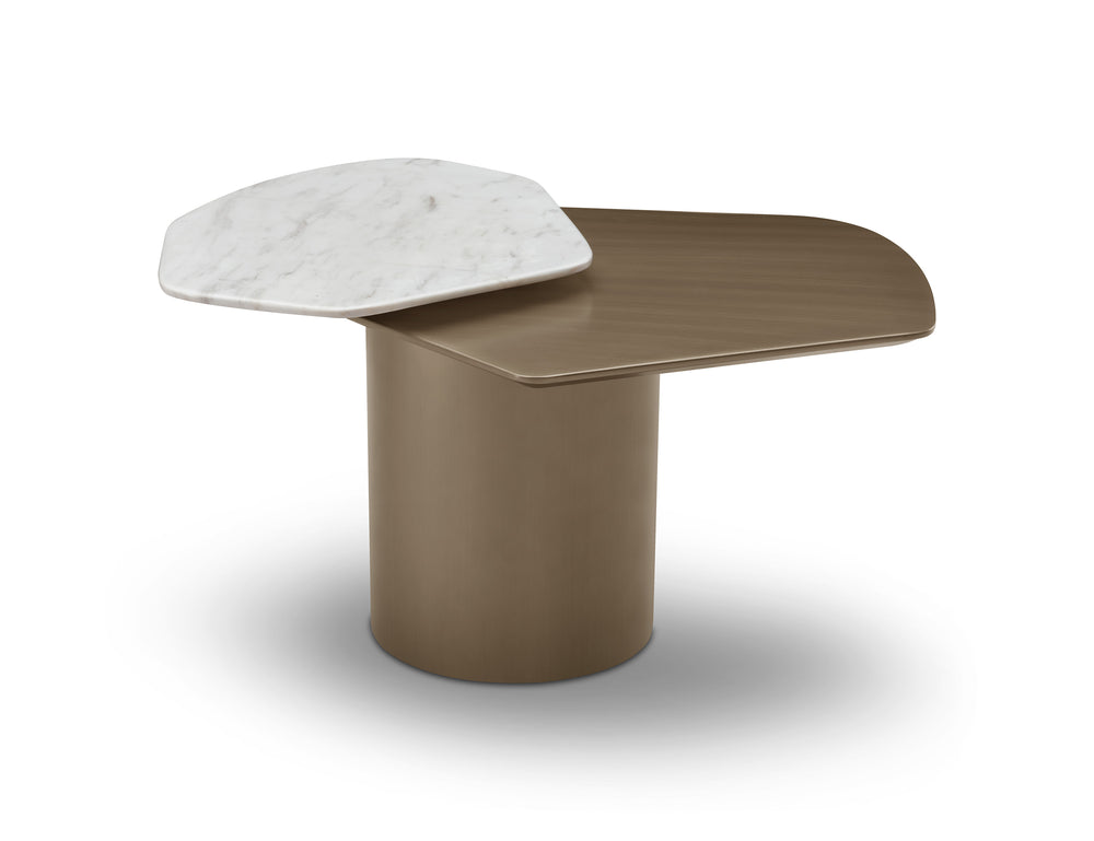 Modern side table with marble top and bronze base on a white background