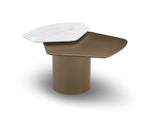 Modern side table with a white top and brown base on a white background