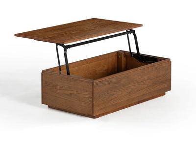 Wooden coffee table with lift-top design on a white background