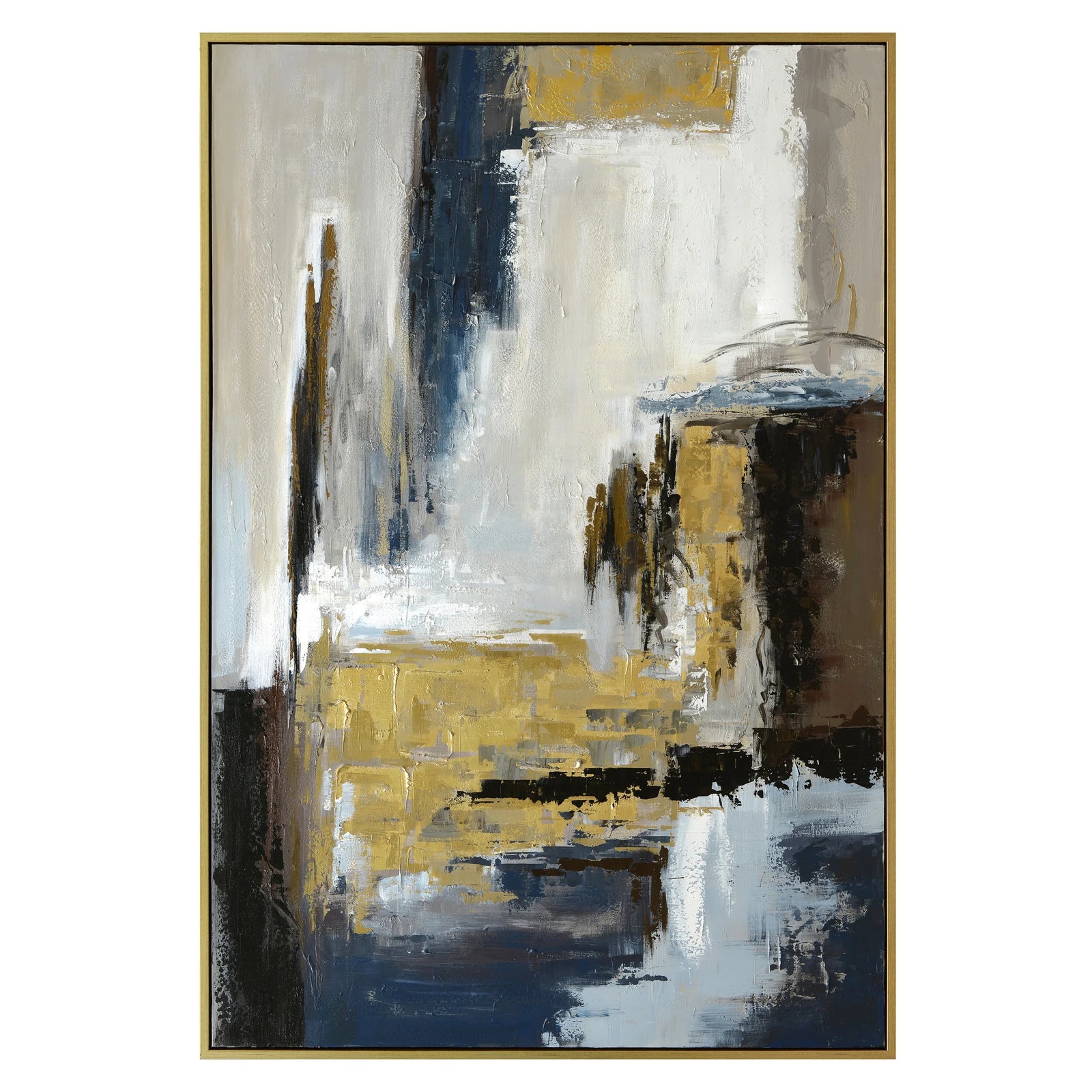 Abstract painting with gold, white, and black colors on a white background