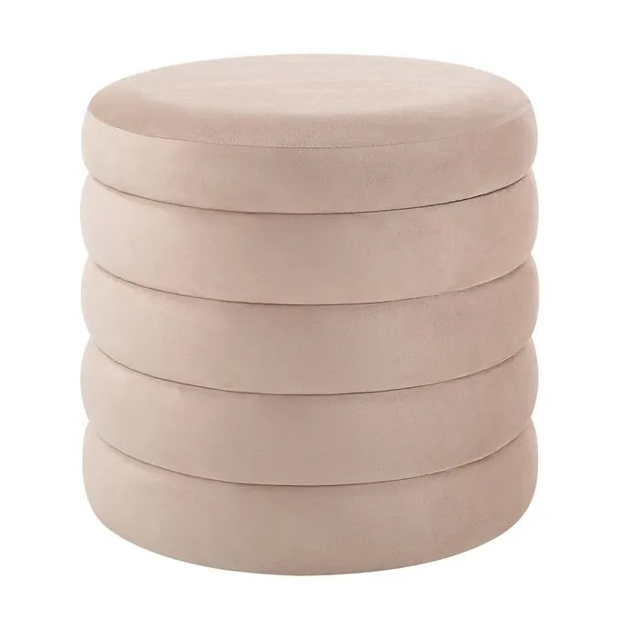 A beige fabric upholstered storage ottoman with a round top and cylindrical shape, featuring a tufted design.