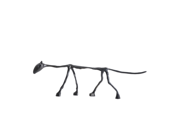 Decorative cat statue with a metallic finish, depicting a feline figure with a stylized design on a plain background.