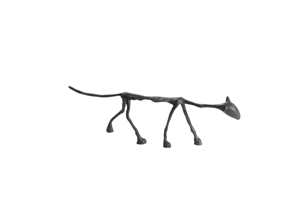 Decorative cat statue with a metallic finish, depicting a feline figure with a stylized design on a plain background.
