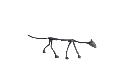 Decorative cat statue with a metallic finish, depicting a feline figure with a stylized design on a plain background.