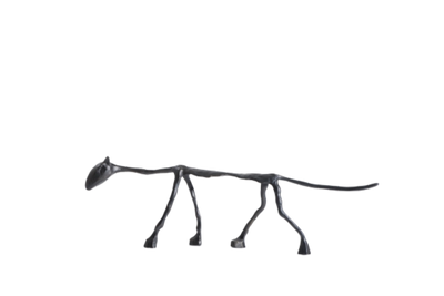 Decorative cat statue with a metallic finish, depicting a feline figure with a stylized design on a plain background.