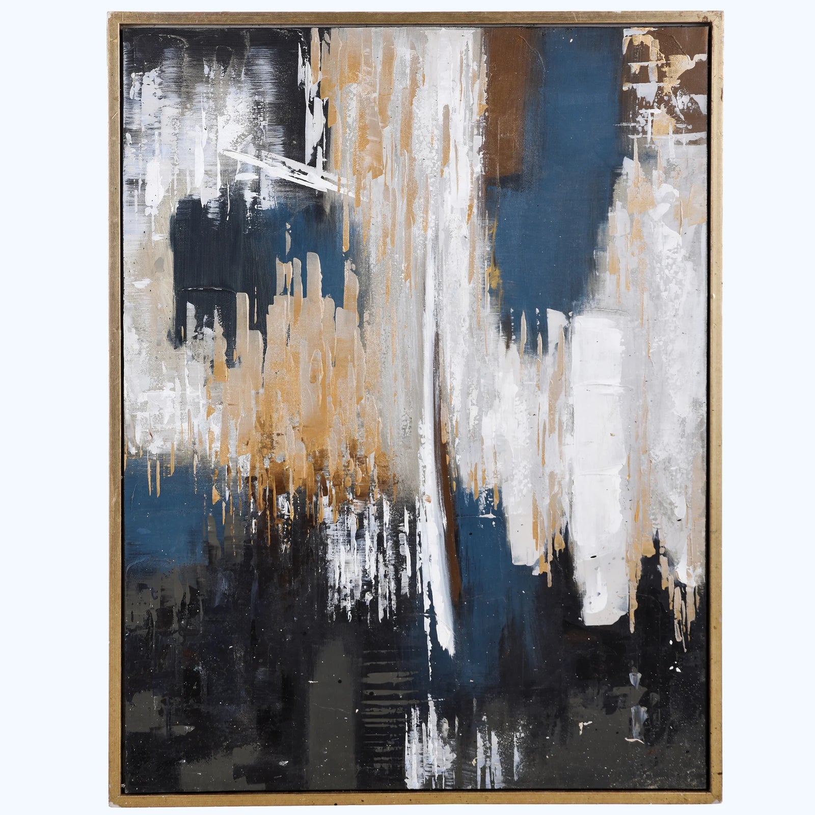 Abstract painting with blue, gold, and white colors on a white background
