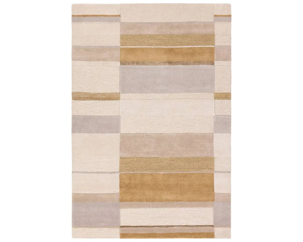 A rectangular area rug featuring a geometric pattern with beige, gray, and yellow colors.