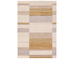 A rectangular area rug featuring a geometric pattern with beige, gray, and yellow colors.