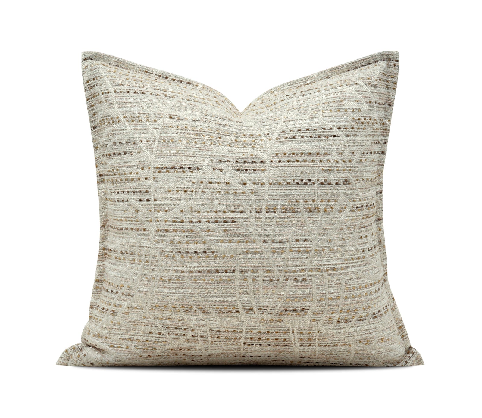 A square decorative throw pillow with a textured, woven abstract pattern in beige, cream, and light brown tones, shown against a plain white background with a brand logo at the bottom.