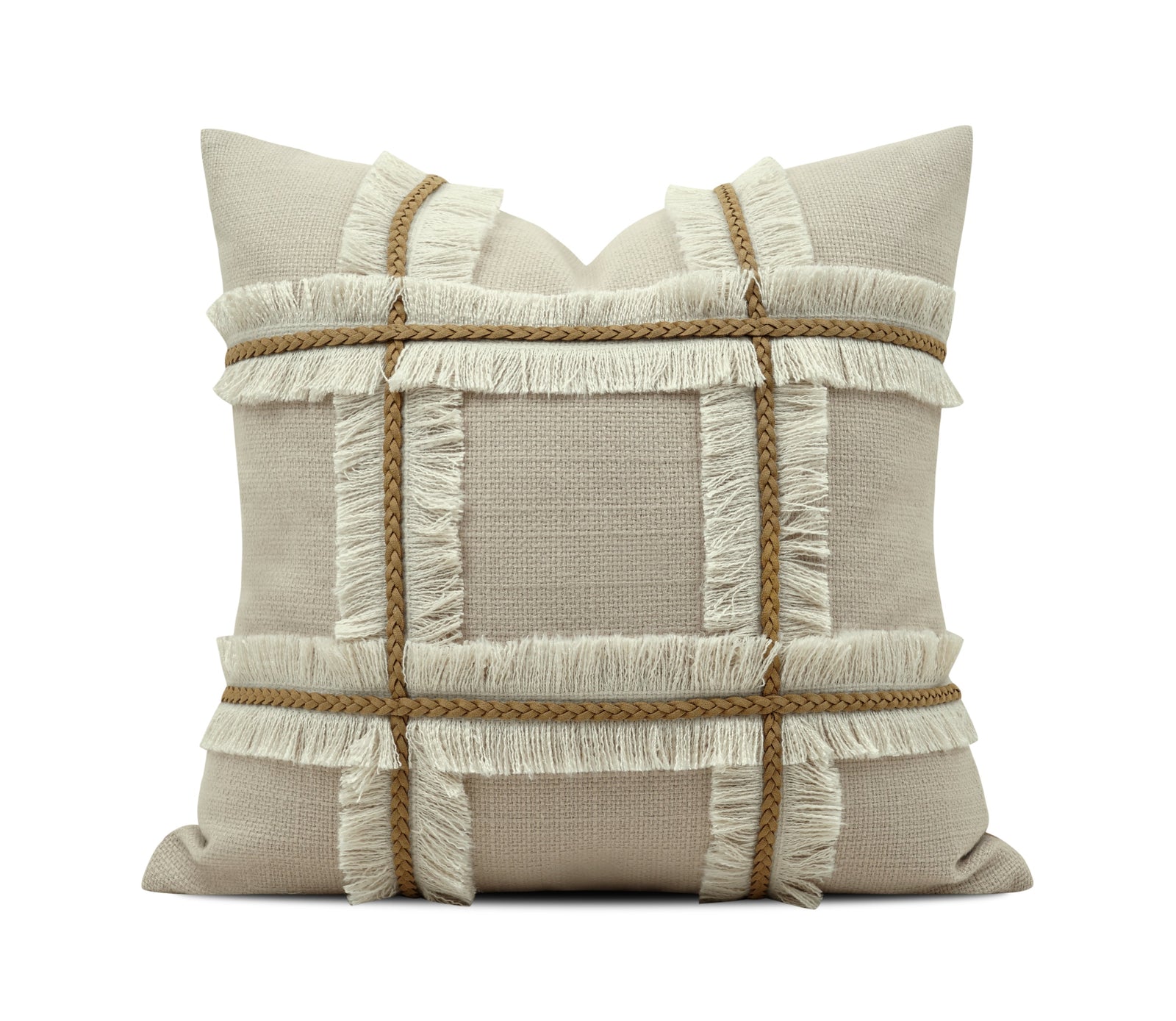 A square beige throw pillow with a textured linen-like fabric, featuring a grid pattern of thick braided rope in tan and cream fringe trim, shown on a white background