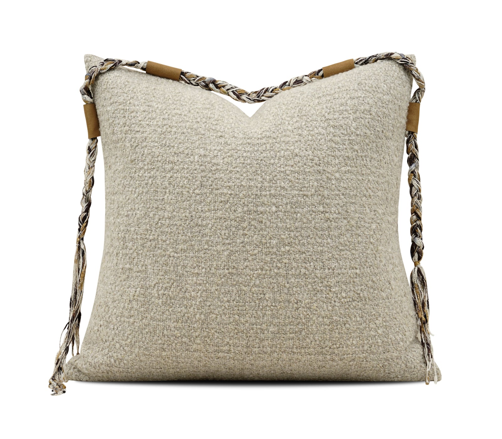A square beige textured throw pillow with braided rope handles and tan leather accents, shown on a white background with a YMIBY brand banner at the bottom.