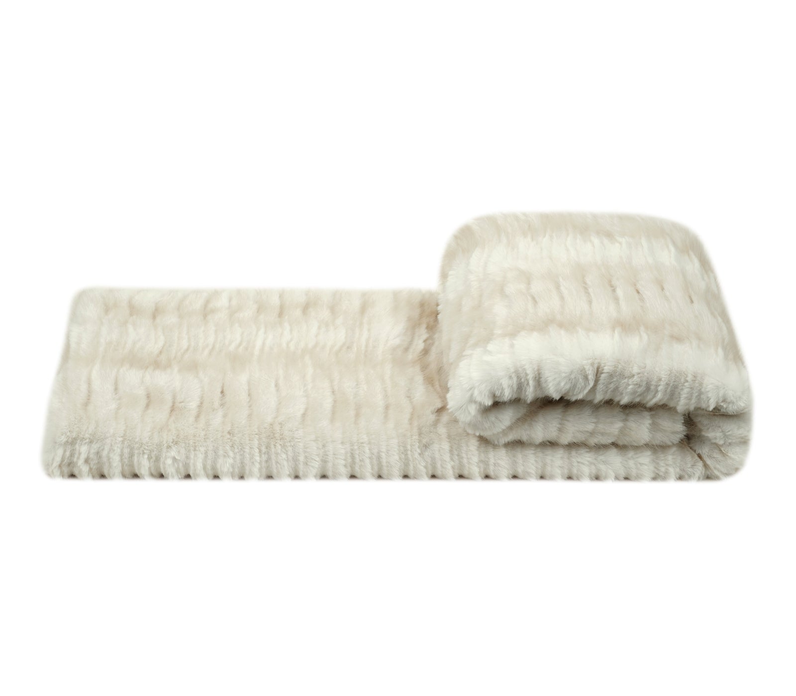 A folded cream-colored textured faux fur blanket with a ribbed pattern, shown on a white background with a brand watermark at the bottom.