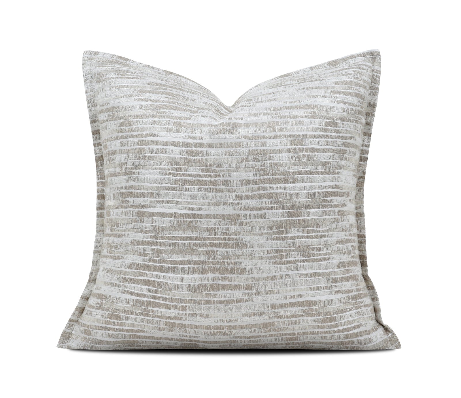A square throw pillow with a textured, horizontal ribbed pattern in light gray and beige, shown against a plain white background