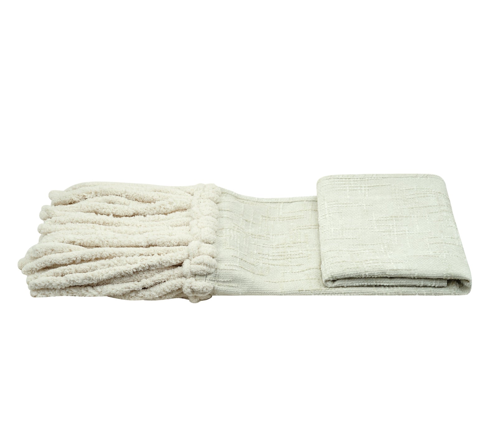 A folded off-white cotton cleaning mop head with thick tines, displayed next to its matching folded fabric cover on a white background with a YMIBY brand watermark at the bottom.