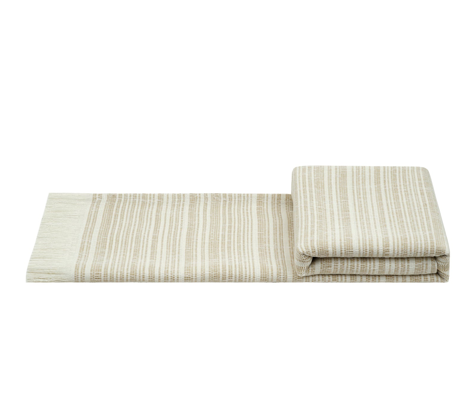 A folded textile product, likely a blanket or throw, shown on a plain white background with a brand mark at the bottom. The fabric has a warm off-white base with thin, vertical beige and light brown stripes.