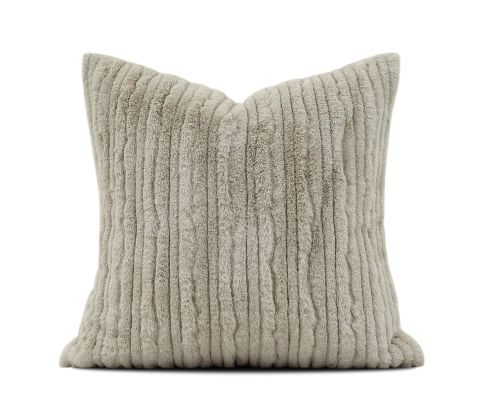 A square throw pillow in a light taupe corduroy fabric, shown against a plain white background