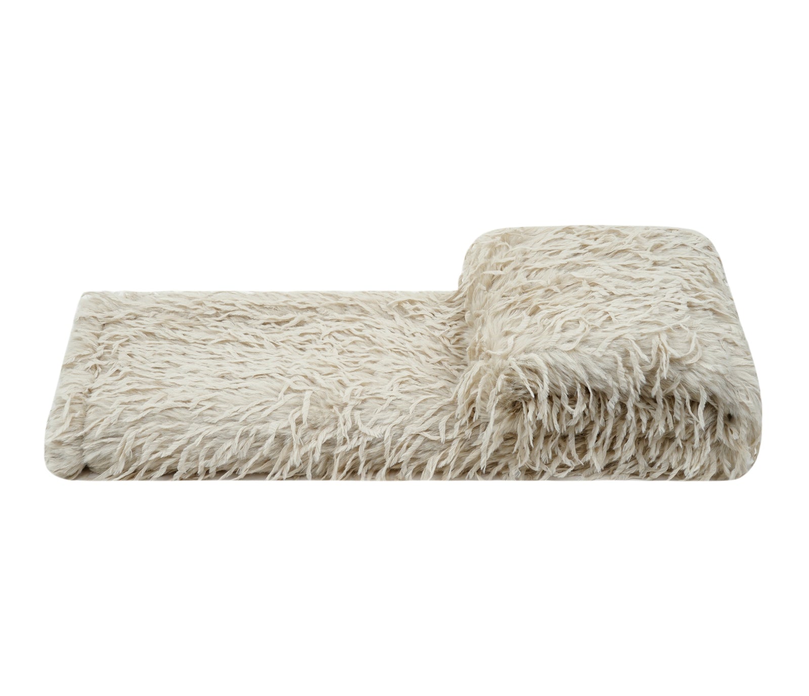A folded cream-colored shaggy faux fur blanket with a textured, long-pile surface, shown against a plain white background