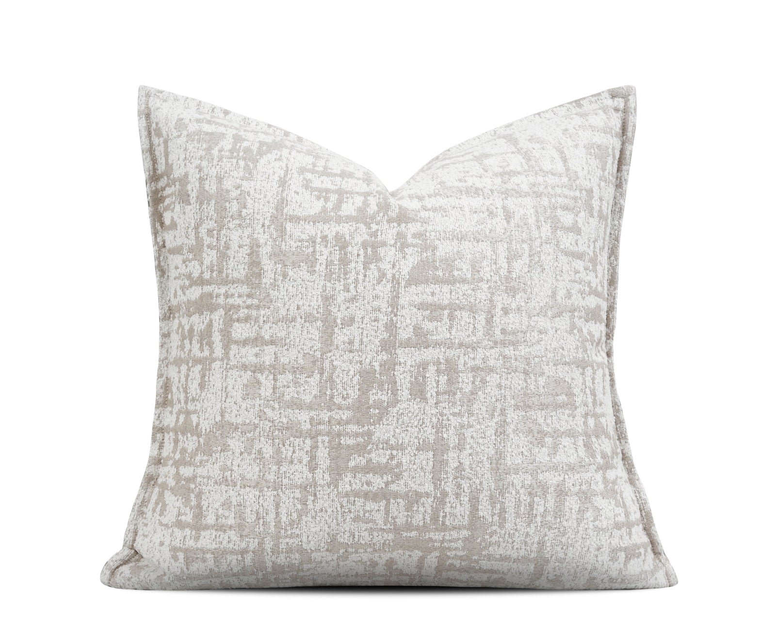 A square decorative throw pillow with a textured, abstract pattern in light beige and off-white, shown against a plain white background