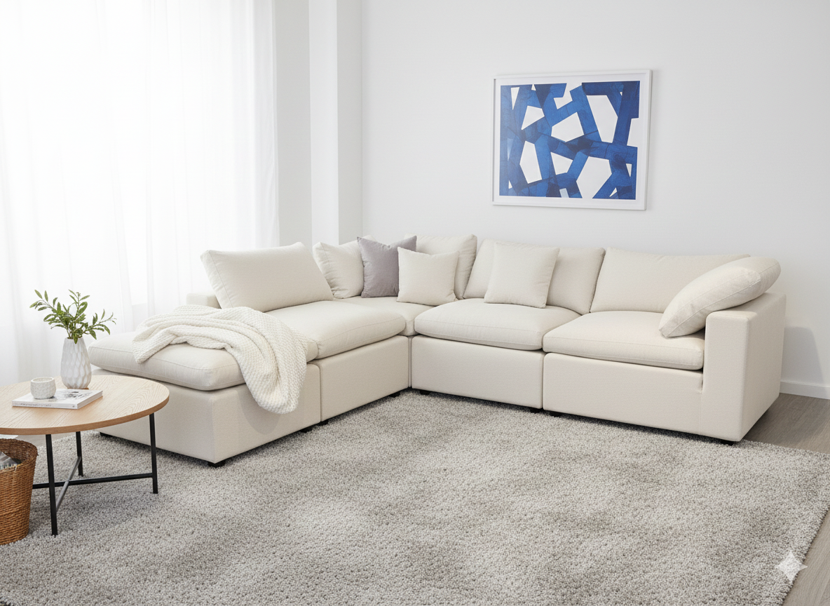 Beige sectional sofa in a living room with a abstract blue painting on the wall.