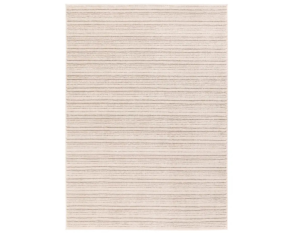 A beige and white striped area rug, power loomed with a flatweave construction.